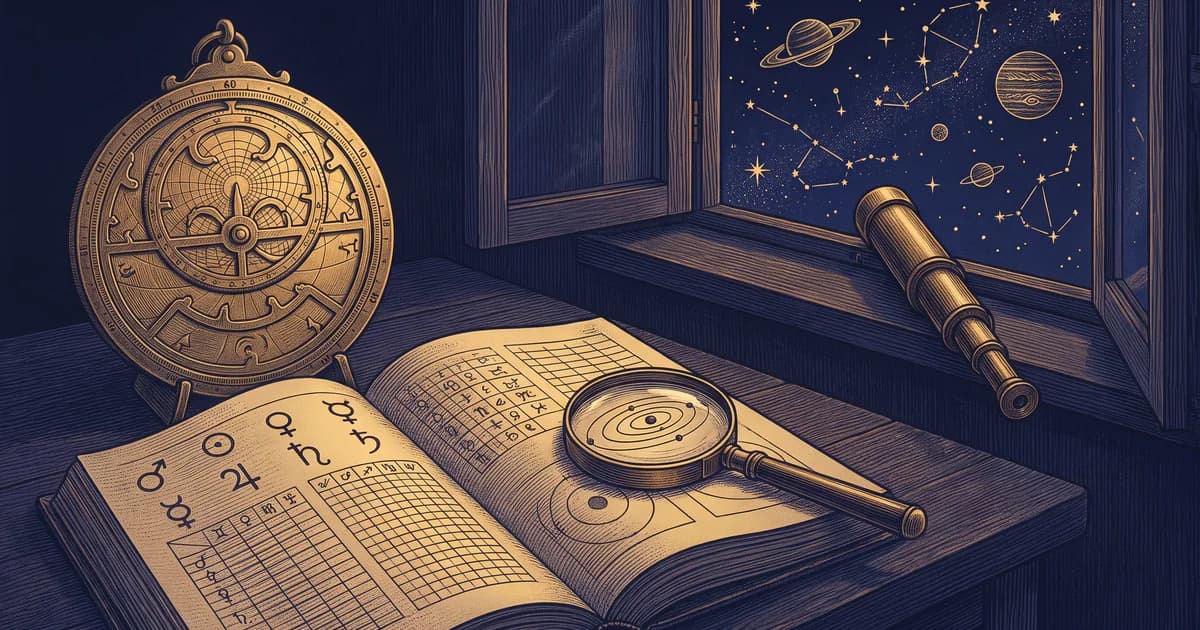 Prawdziwy horoskop: astrolabium, stara księga z symbolami planet, lupa nad orbitami planet i luneta przy oknie z widokiem na nocne niebo