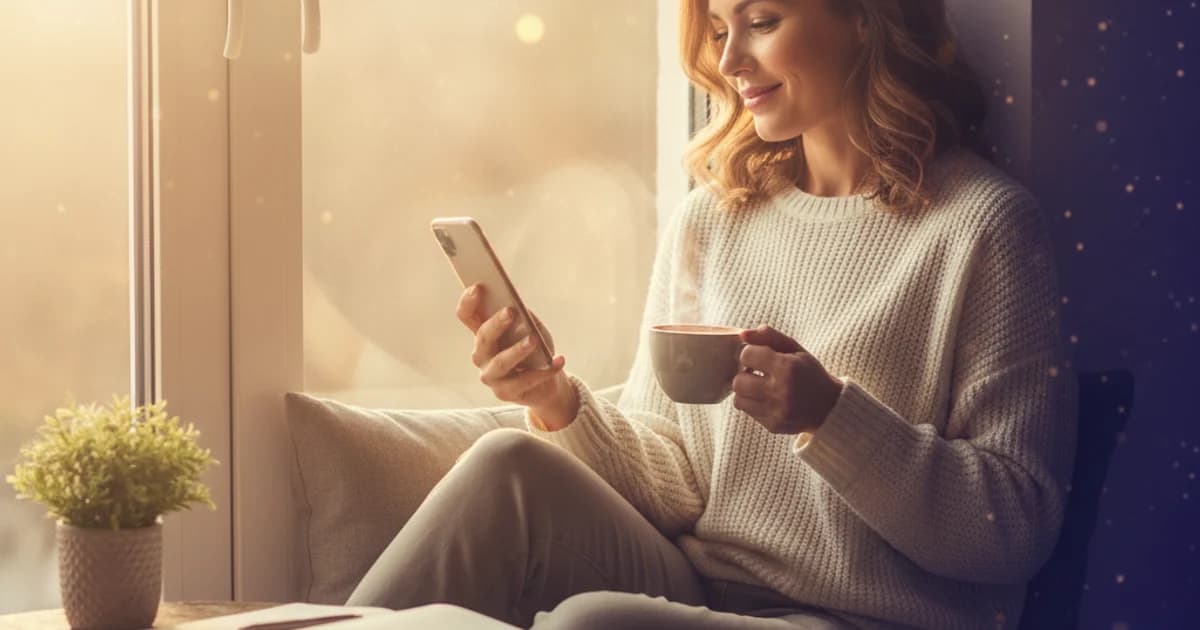 Kobieta przy oknie z poranną kawą i telefonem w dłoni czyta swój dzisiejszy horoskop