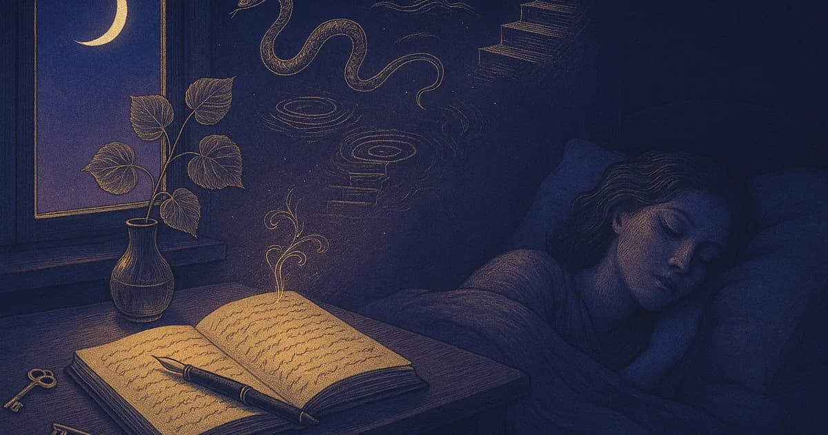 Wiarygodny sennik online: otwarty dziennik snów na nocnym stoliku o świcie, gałązka lipy i gasnące obrazy ze snu