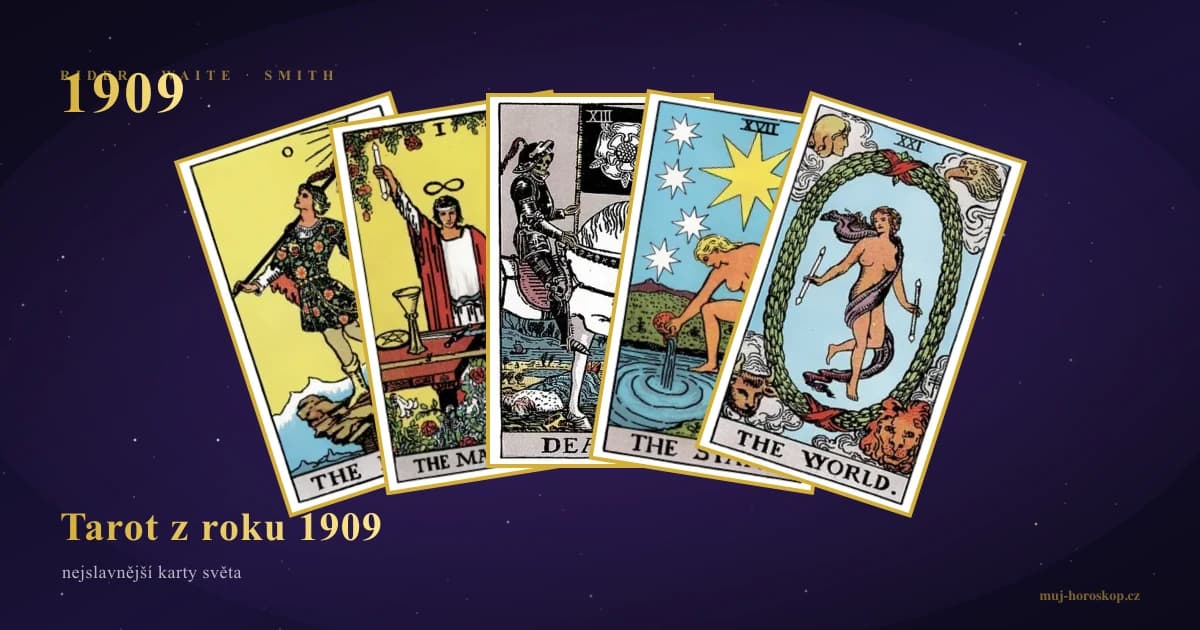 Tarot z 1909 roku — Wielkie Arkana Rider-Waite-Smith (Głupiec, Mag, Śmierć, Gwiazda, Świat)