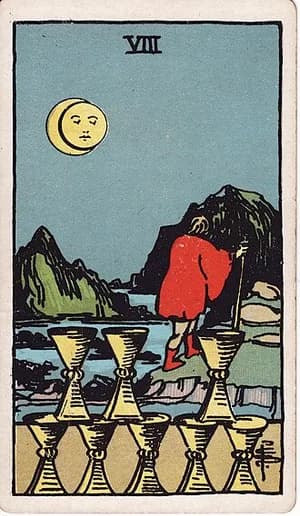 Osmička pohárů — tarot karta Rider-Waite-Smith (Eight of Cups)
