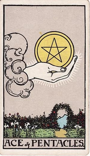 Eso pentaklů — tarot karta Rider-Waite-Smith (Ace of Pentacles)