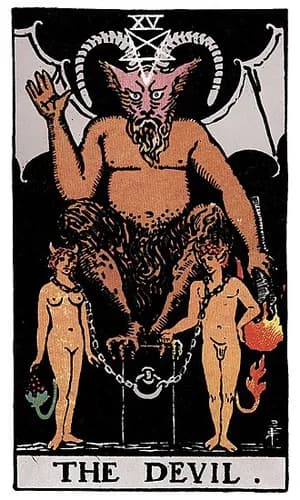 Ďábel — tarot karta Rider-Waite-Smith (The Devil)