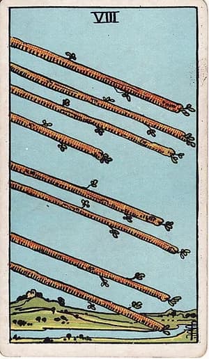 Osmička holí — tarot karta Rider-Waite-Smith (Eight of Wands)