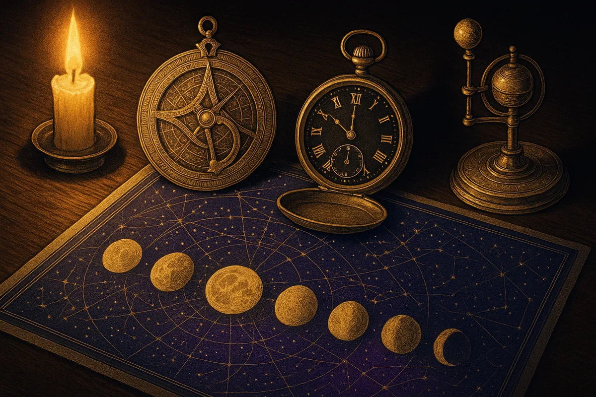 Astrolabium, zegarek kieszonkowy wskazujący północ i fazy Księżyca na mapie nieba: horoskop dzienny powstaje każdej nocy od nowa z aktualnego nieba